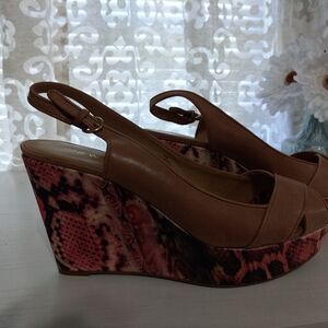 Nine West Tan Peep Toe Wedge Sandals